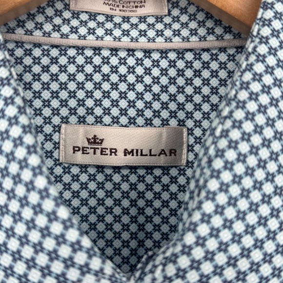 Peter Millar Crown Finish Geometric Dress Shirt Blue White Cotton Mens Large - Picture 4 of 10